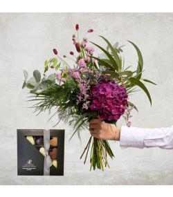 Hortensia buketten med chokoladehjerter